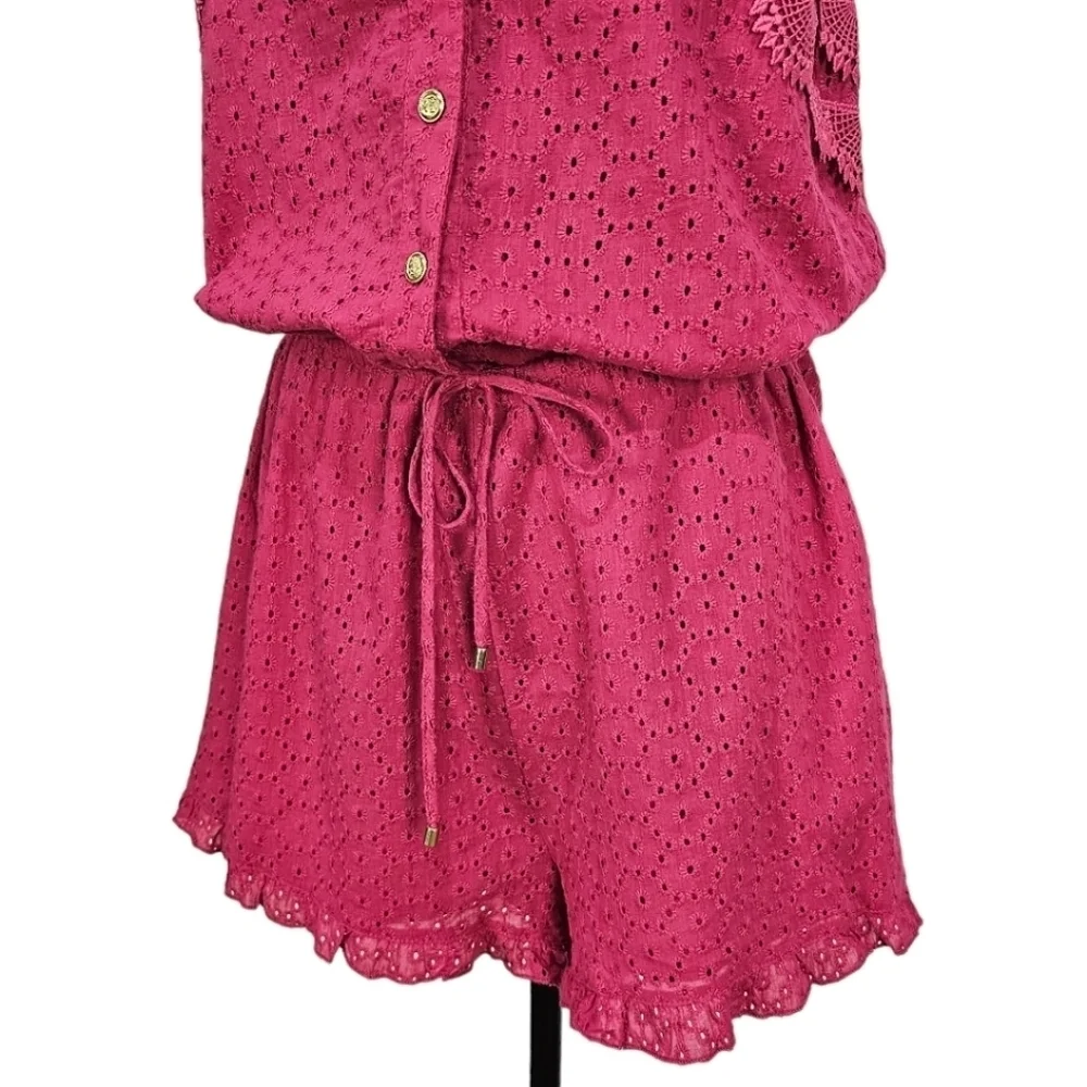 NWT Sperry Cotton Button Down Eyelet & Lace Drawstring Waist Romper Pink Red L